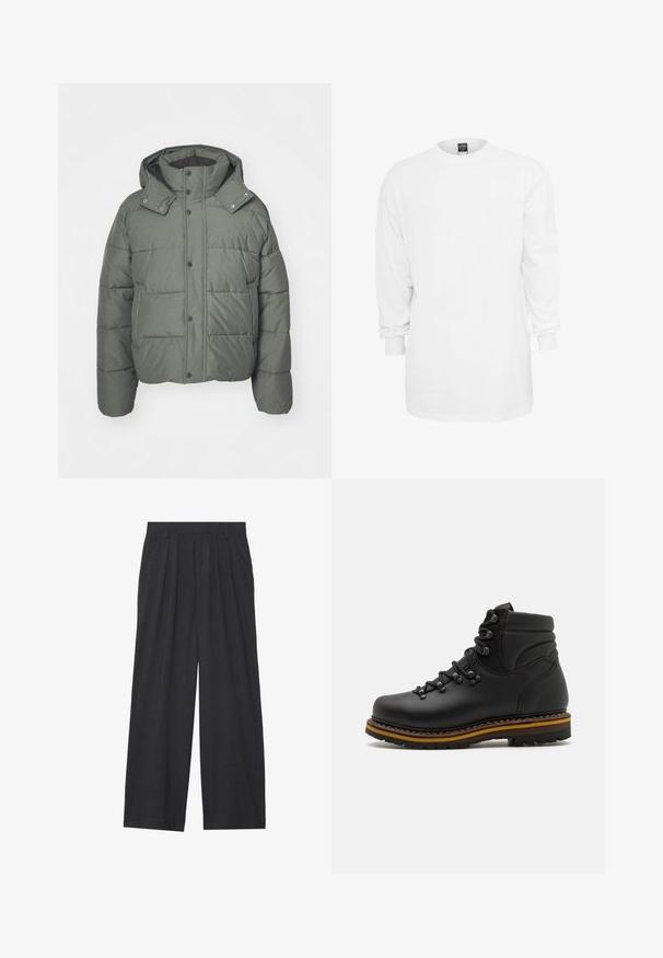 Chaqueta de plumón verde con capucha, hecha de tela acolchada. Presenta botones a presión, bolsillos laterales y un acabado texturizado.; Camiseta blanca de algodón de manga larga con cuello redondo, ajuste holgado y puños acanalados. Diseño liso, sin gráficos ni patrones.; Pantalones de pierna ancha hechos de tela gris oscura. Cuenta con pliegues en la cintura, un diseño a medida y una silueta recta.; Bota de senderismo de cuero negro con punta redondeada, cordones resistentes, cuello acolchado y una suela estratificada en negro y marrón contrastante. Parte superior texturizada.