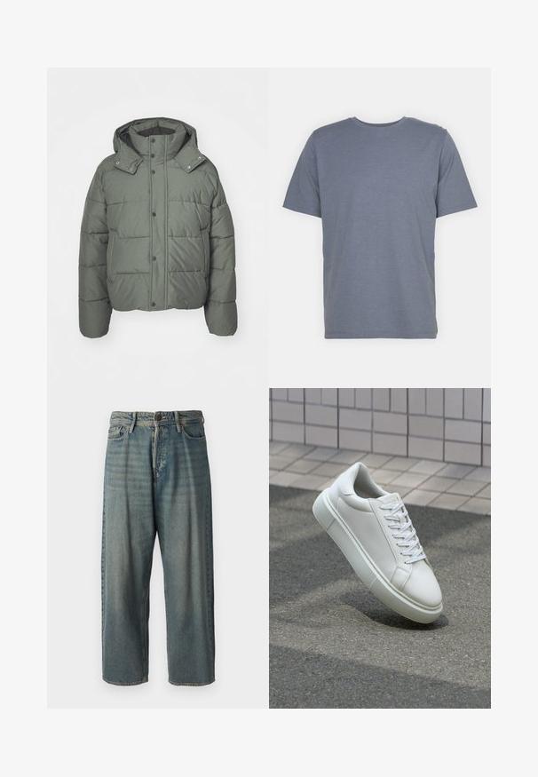 Grønn puffjakke med hette, laget av quiltet stoff. Har trykknapper, sidelommer og en strukturert overflate.; Grå kortermet T-skjorte med rund hals, laget av myk bomullsblanding. Enkel design, ingen mønstre eller accenter.; Lyseblå denimjeans med løs passform, midjehøyde og rette ben. Har fem lommer, beltehemper og knappelukking.; Hvit lær sneaker med glatt overflate, rund tå og flate hvite snøringer. Har en teksturert gummisåle og minimale design elementer.