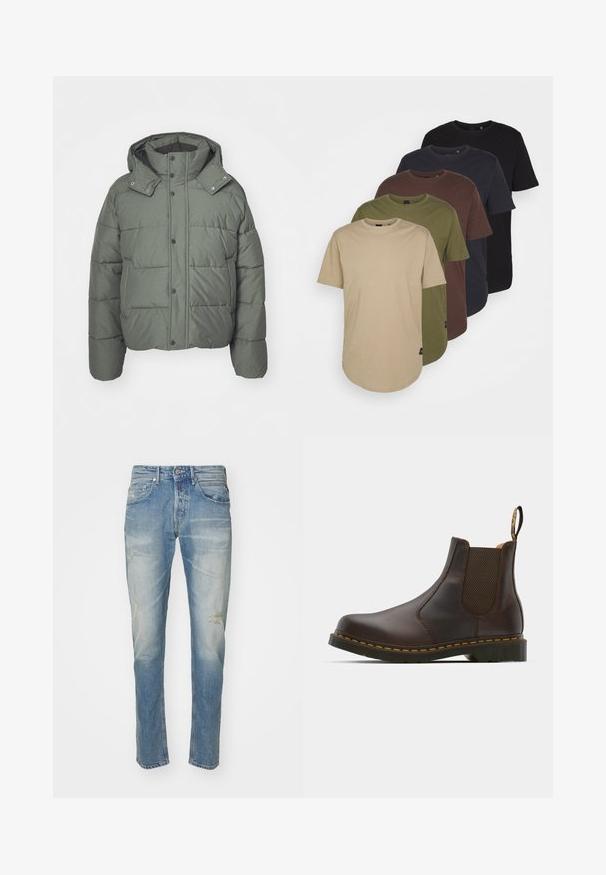 Green puffer jacket with a hood, made of quilted fabric. Features snap buttons, side pockets, and a textured finish.; Five t-shirts arranged in gradient colors: beige, olive, brown, dark blue, and black. Made of soft cotton with short sleeves and round neck.; Light blue denim jeans with faded finish, subtle distressing at knees, straight leg design, five-pocket style, and metal button closure.; Brown leather Chelsea boot with elastic side panels, textured heel, and contrast yellow stitching. Features a pull tab for easy wear.