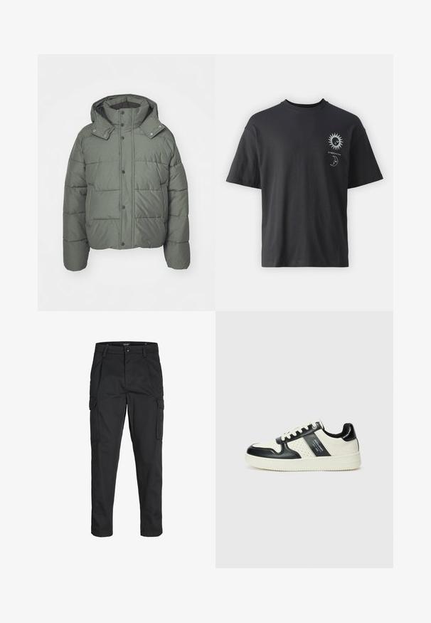 Grön puffjacka med huva, tillverkad av kviltat tyg. Har tryckknappar, sidofickor och en texturerad yta.; Svart bomullströja med korta ärmar, rund hals och framsidan prydd med grafik av en sol och en måne, tillsammans med texten "Le Soleil et La Lune."; Svarta cargobyxor tillverkade av hållbart tyg, med flera fickor, knappstängning och en smal passform med avsmalnande ben.; Läder sneakers med en svart och krämfärgad färgsättning, med perforerade detaljer, en vadderad krage och en strukturerad yttersula.