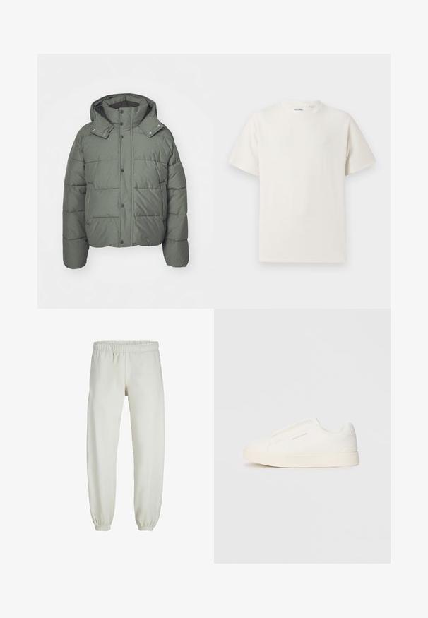 Grøn pufferjakke med hætte, lavet af quiltet stof. Har trykknapper, sidelommer og en tekstureret finish.; Hvid kortærmet T-shirt i ribbet tekstur. Rund halsudskæring, løs pasform, ingen synlige mønstre eller accenter. Enkel og alsidig design.; Hvide sweatpants lavet af blødt stof, med elastisk talje og håndled, der har en glat tekstur og løs pasform.; Hvide slip-on sneakers med en struktureret overflade, en tyk sål og et minimalistisk design. Har brandlogoet på siden.