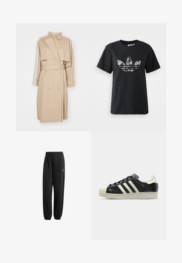 Trench beige con diseño de doble botonadura, cuello ancho y cinturón. Cuenta con franjas blancas en las mangas y un pequeño logo en el pecho.; Camiseta de algodón negra de manga corta que presenta un gran gráfico plateado y marrón del logotipo de Adidas y las tres franjas en el frente.; Pantalones de chándal negros hechos de un tejido suave y texturizado. Presentan una cinturilla elástica, puños y un pequeño logo blanco cerca de la cadera.; Zapatilla de cuero negro con rayas blancas, puntera de goma, cordones negros y suela color crema. Textura suave con acabado brillante.