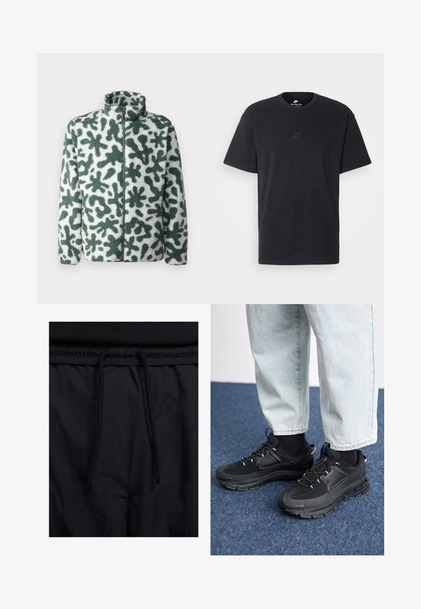 Casaco de fleece com gola alta, apresentando um padrão abstrato em verde e branco, fecho com zip e superfície texturizada.; T-shirt de algodão preto da Nike com um clássico decote redondo, mangas curtas e um logótipo em relevo discreto no peito. Textura suave.; Calções pretos com um cós elástico ajustável, fabricados em tecido leve com uma textura suave e um design simples, sem logótipos ou padrões visíveis.; Sapatilhas desportivas pretas com tecido texturizado e solas em borracha, apresentando atacadores elásticos e um detalhe azul no calcanhar. Usadas com calças de ganga claras.