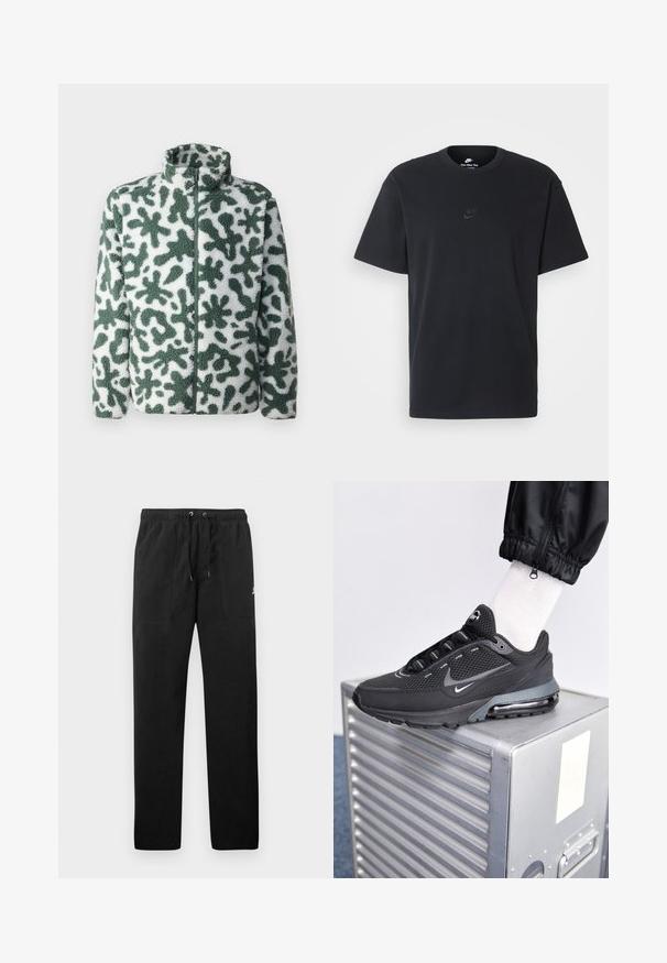 Giacca in pile con colletto alto, caratterizzata da un motivo astratto verde e bianco, chiusura con zip e superficie testurizzata.; T-shirt in cotone nero della Nike con collo rotondo classico, maniche corte e un logo in rilievo discreto sul petto. Texture liscia.; Pantaloni sportivi neri in felpa, dotati di cintura elastica con cordini, due tasche anteriori e un piccolo logo sulla coscia.; Nike Sportswear PULSE - Sneakers basse - black/anthracite