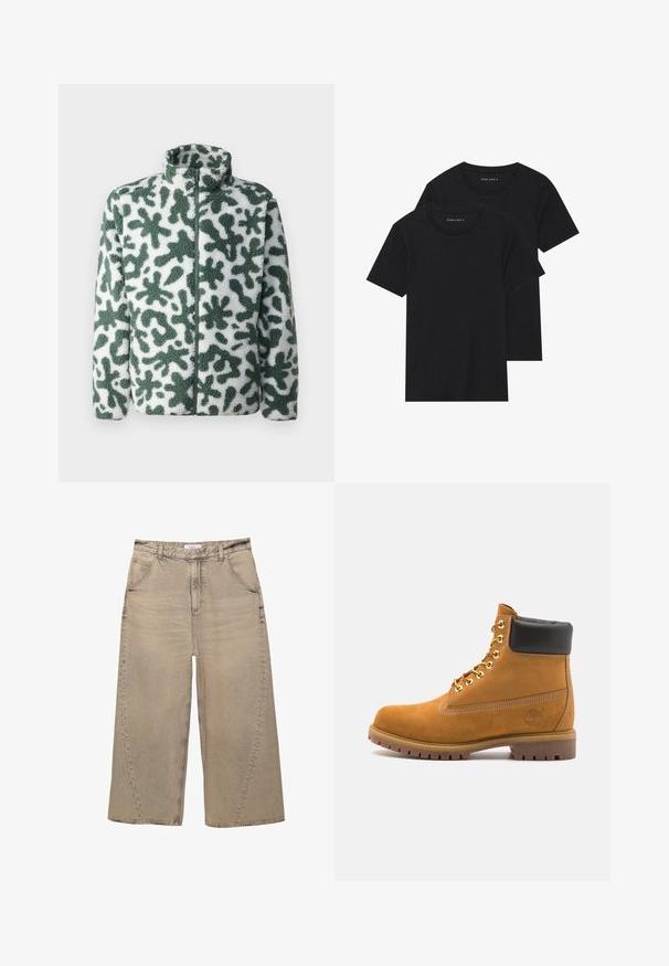Fleecová bunda s vysokým límcem, se zeleno-bílým abstraktním vzorem, zipovým zapínáním a texturovaným povrchem.; Dvě černé bavlněné tričko s krátkým rukávem, kulatým výstřihem a hladkou texturou, vystavené naskládané k sobě.; PULL&BEAR MEGA BAGGY - Baggy džíny - light grey; Hnědé semišové kotníkové boty s černým polstrovaným límcem, zlatými kovovými očky, bílým prošíváním a odolnou gumovou podrážkou s výraznými drážkami.