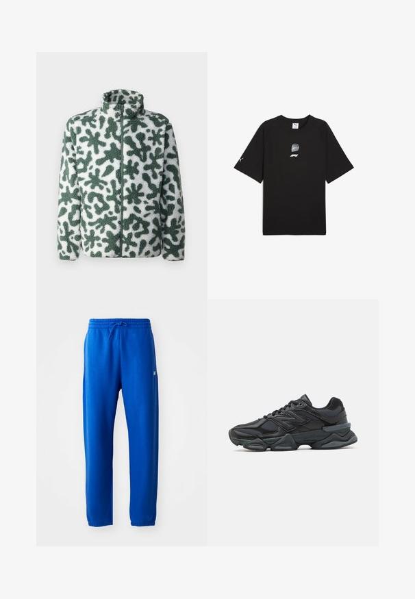 Chaqueta de forro polar con cuello alto, que presenta un patrón abstracto en verde y blanco, cierre con cremallera y superficie texturizada.; Camiseta negra de manga corta hecha de algodón, con un estampado gráfico de un casco de carrera y un logo en la parte delantera y un pequeño logo en la manga.; Pantalones de chándal azules hechos de tejido suave, con una cintura elástica y cordón, piernas ajustadas y un pequeño detalle de logo en el costado.; Zapatilla de running negra que presenta una combinación de malla y materiales sintéticos, suela gruesa, diseño curvado y una marca prominente en el costado.