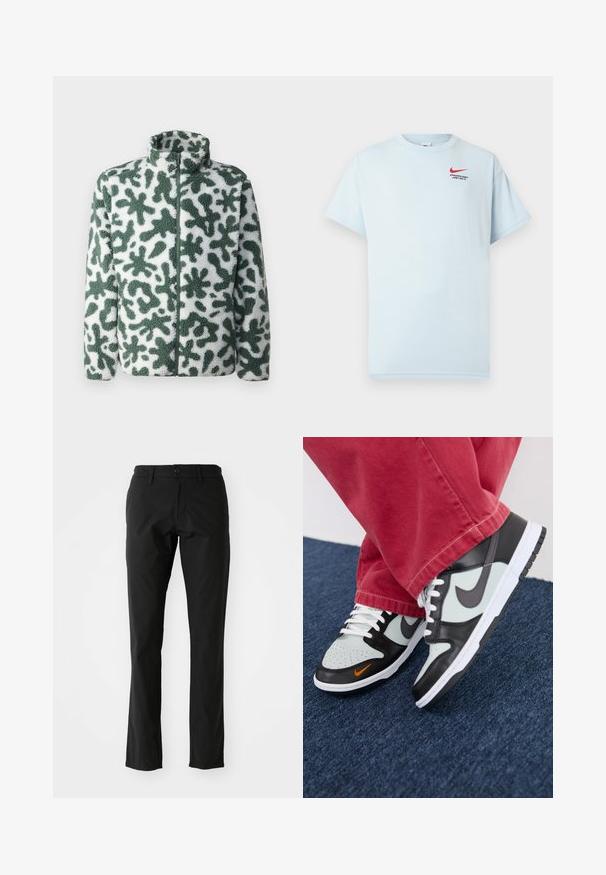 Fleecejakke med høy krage, med et grønt og hvitt abstrakt mønster, glidelåslukking, og teksturert overflate.; Lyseblå bomulls t-skjorte med korte ermer, rund hals og en rød Nike swoosh-logo. Teksten sier "ATHLETIC DEPT. JUST DO IT."; Sorte bukser laget av lett stoff, med rett ben-design, frontknappelukking og sidelommer. Glatt tekstur.; Nike Sportswear NIKE DUNK LOW UNISEX - Joggesko - black/med ash/light silver/bright mandarin/summit white/white