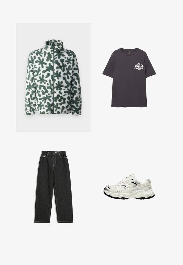 Fleece jack met hoge kraag, voorzien van een groen en wit abstract patroon, ritssluiting en textuur oppervlak.; Grijze katoenen t-shirt met korte mouwen, ronde hals en witte bedrukte tekst op de linker borst. Zachte textuur en ontspannen pasvorm.; Zwarte rechte jeans met witte stiksels, vijf-pocket ontwerp, knoop- en ritsluiting, en een klein logo op de voorkant van de rechterzak.; Witte sneaker met een bovenkant van gaas, zilveren accenten, zwarte zool en textuurpanelen. Bevat een vetersluiting en een afgeronde neus.