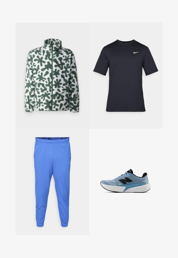 Kurtka polarowa z wysokim kołnierzem, z zielono-białym abstrakcyjnym wzorem, z zapięciem na zamek i teksturowaną powierzchnią.; Czarna koszulka Nike z krótkim rękawem wykonana z gładkiego materiału, z białym logo swoosh na górnej lewej stronie, okrągły dekolt.; Męskie niebieskie spodnie sportowe wykonane z lekkiego materiału, z elastycznym paskiem w talii z czarnym logo oraz zwężanymi mankietami przy kostkach.; Jasnoniebieski but biegowy z czarnym logo, grubą białą podeszwą i czarnym wnętrzem, widok z boku na białym tle.