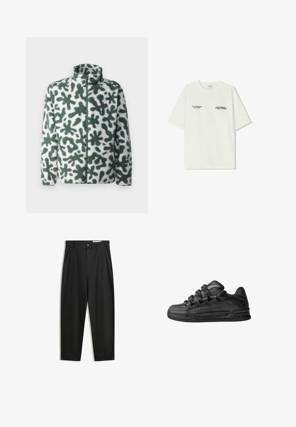Fleece jacket with a high collar, featuring a green and white abstract pattern, zip closure, and textured surface.; White cotton t-shirt with short sleeves. Front features black text: “NOT TOMORROW NOT TODAY” and “THE ART OF DIRT NOVING” in green script.; Black cotton trousers with a relaxed fit, featuring a classic waistband, front pleats, and side pockets. Smooth texture without patterns.; Black sneakers with a smooth leather upper, textured accents, and round black and white laces. Thick rubber sole with a patterned tread.