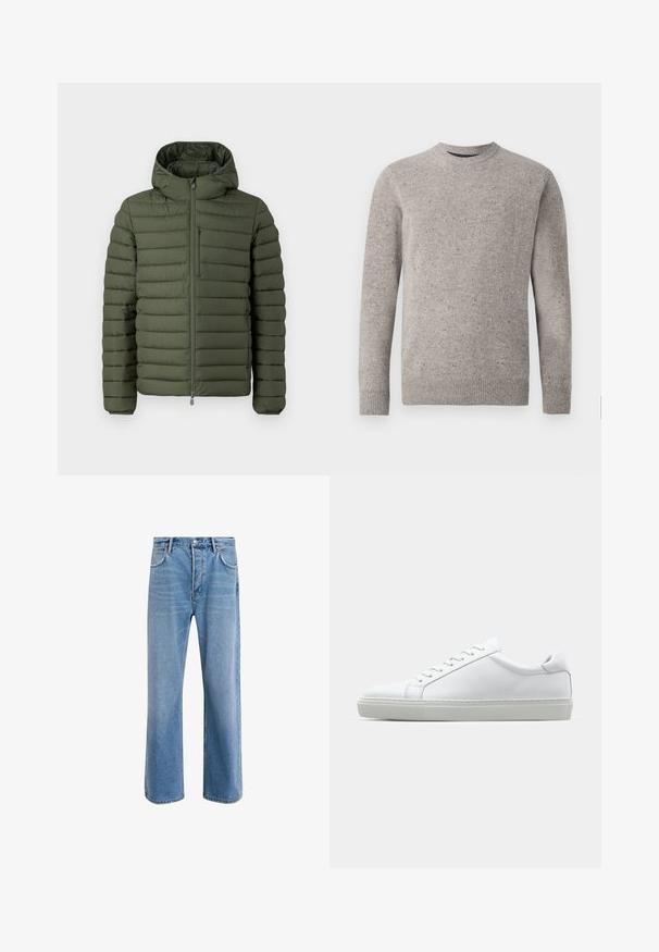 Giacca imbottita verde oliva con cappuccio, caratterizzata da un design a trapuntatura orizzontale, una chiusura frontale con zip e una tasca sul petto con zip.; Maglione a maglia grigio chiaro con scollatura rotonda, maniche lunghe e polsini e orlo a costine. Motivo testurizzato con macchie di colore.; Jeans in denim blu chiaro con design a gamba dritta, cinque tasche, chiusura con bottone, leggero sbiadimento e dettagli di cucitura a contrasto.; Sneaker bianco con tomaia in pelle liscia e profilo basso. Presenta una punta arrotondata, sei occhielli e una suola in gomma testurizzata.