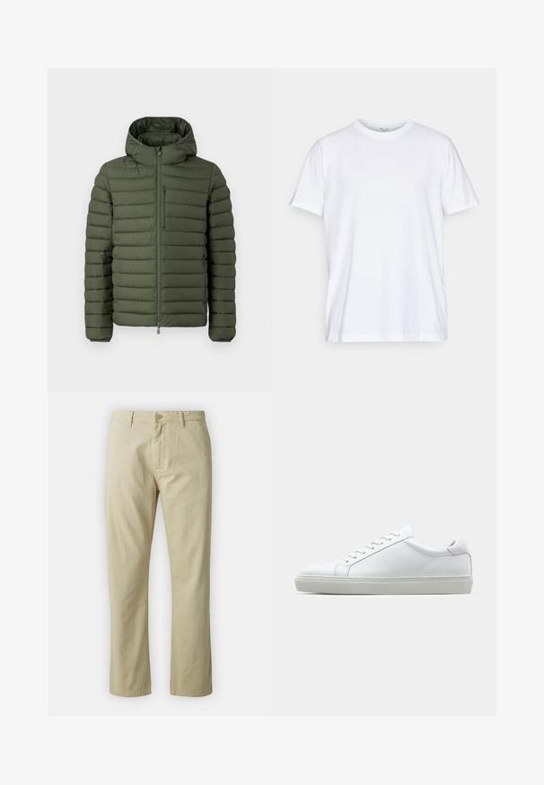 Padded olive-green jacket with a hood, featuring horizontal quilted design, a front zip closure, and a zippered chest pocket.; White cotton t-shirt with short sleeves, round crew neckline, and a relaxed fit. Features minimalistic design, no patterns or accents.; Beige cotton trousers with a straight-leg design, front button closure, and belt loops. Smooth texture, no visible patterns or accents.; White sneaker with a smooth leather upper and a low profile. Features a rounded toe, six eyelets, and a textured rubber sole.