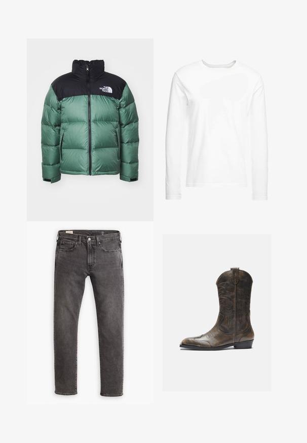 Zeleno-črna jakna iz puhaste tkanine z visokim ovratnikom, zadrgo spredaj in stranskimi žepi. Ima prešito teksturo in blagovno znamko na prsih.; Dolga majica z dolgimi rokavi, izdelana iz mehkega bombaža. Okrugli izrez s ravnimi robovi in brez vidnih vzorcev ali grafik.; Sive traperice z ravnim krojem, pet žepnim dizajnom in gumbom na zapenjanju. Imajo subtilno postaran učinek in tonirano šivanje čez celo površino.; Rjavi usnjeni kavbojški čevlji z visokim ščitnikom, koničastim nosom, zapletenimi šivi in malo peto. Vzorec strukture po celotni površini.