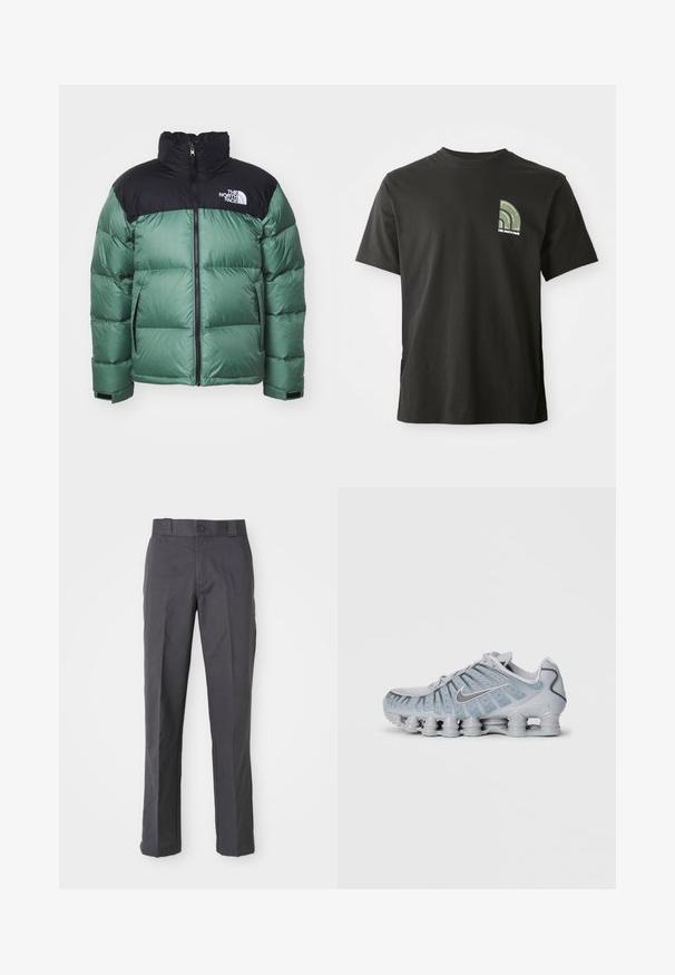 Green and black puffer jacket with a high collar, zipper front, and side pockets. Features a quilted texture and branded logo at the chest.; Black short-sleeve crew neck t-shirt with a small green and white quarter-circle logo and "The North Face" text on the left chest.; Dark gray trousers made of cotton blend, featuring a straight-leg design, front pockets, and a button closure at the waist.; Light gray Nike sneakers with a textured upper, mesh detailing, and a unique cushioned sole featuring multiple rounded pods.