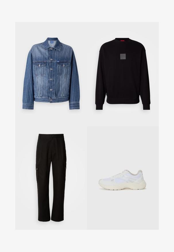 Blue denim jacket featuring vertical white pinstripes, two chest pockets, button closure, and a classic collar. HUGO logo on the label.; Black sweatshirt with long sleeves, round neckline, a front gray square logo, soft texture, and ribbed cuffs and hem.; Black cargo pants made of cotton with a relaxed fit, featuring side pockets, a button closure, and straight legs. Simple design without patterns.; White athletic shoes made of mesh and suede, featuring a textured midsole, textured accents, and "HUGO" logo on the side.
