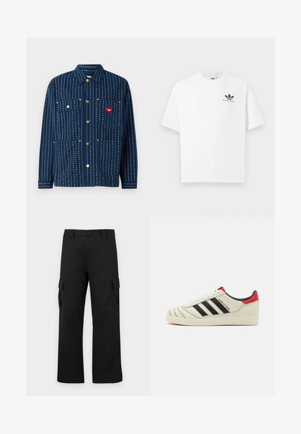 Mornarska jakna s gumbom, z navpičnimi belimi črtami, dvema žepoma na prsih, zlatimi gumbi in rdečo oznako srca na desnem žepu.; Bela bombažna majica s kratkimi rokavi, ki na sprednji strani vsebuje črn logotip "BASKETBALL" in ikoničen dizajn treh črt.; Črne cargo hlače s ravnim krojem. Narejene so iz trpežnega materiala in imajo dve stranski žepi s poklopcem ter gumbasto zaponko.; Kremni usnjeni športni copati z črnimi črtami, rdečimi detajli na petah in strukturiranimi elementi. Opremljeni so z gumijastim podplatom in vezalnim zapiranjem.