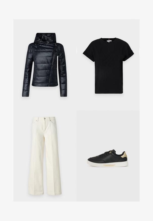 Crna puffer jakna s visokim ovratnikom, prednjim zatvaračem i dijagonalnim šavovima. Ima sjajnu, glatku vanjštinu i podesivu kapuljaču.; Crna pamučna majica s kratkim zavrnutim rukavima, s reljefnim logotipom u središtu i malim akcentom zastave sa strane.; Široke bijele traperice izrađene od mješavine pamuka. Imaju zatvarač, dizajn s pet džepova i šavove uz rubove.; Crne kožne tenisice s glatkom teksturom, bijela gumena potplata, zlatni akcenti na peti i rupama za vezivanje, s logotipom sa strane.