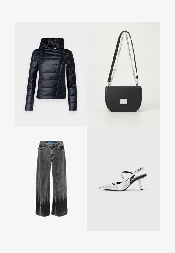 Chaqueta de plumas negra con un alto cuello, cierre frontal de cremallera y costuras diagonales. Presenta un exterior brillante y suave, y capucha ajustable.; Camiseta de algodón blanca con cuello redondo, mangas cortas y texto impreso en negro que dice "KARL LAGERFELD JEANS" en el pecho.; Jeans de pierna ancha en denim negro deslavado, con un efecto de teñido de sumi, herrajes de acero y un diseño clásico de cinco bolsillos con una cinturilla estándar.; Zapatos de tacón slingback plateados con punta afilada, que cuentan con un acabado metálico suave, un tacón delgado y detalles de tiras decorativas.; Bolso cruzado de cuero negro con forma redondeada, correa de cadena plateada y un acento de hardware rectangular en la parte delantera. Textura suave.