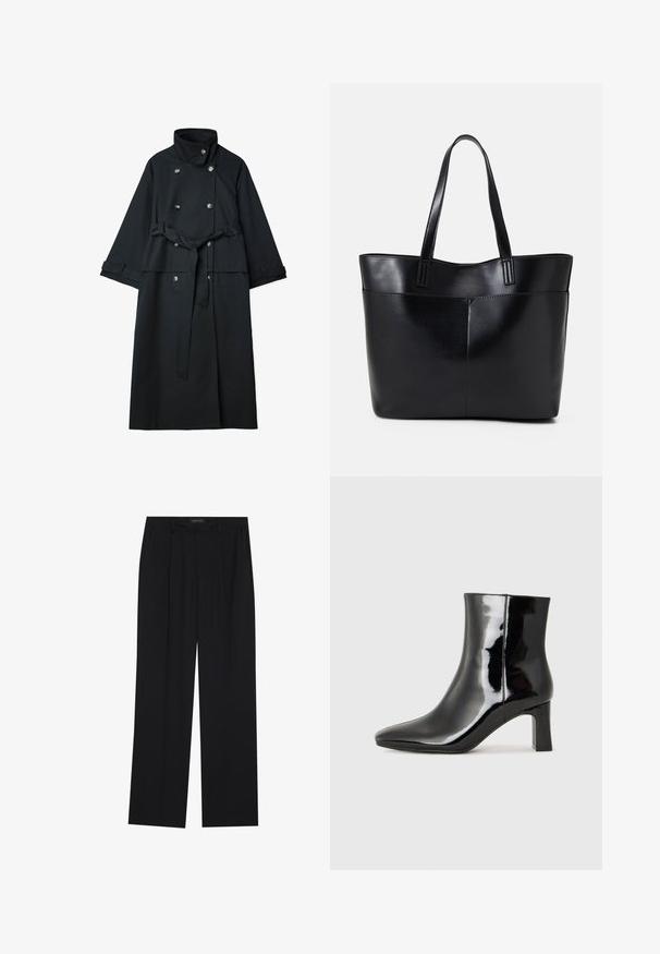 Czarny trencz wykonany z gładkiego materiału, z wysokim kołnierzem, podwójnymi guzikami oraz paskiem w talii.; Czarny top z długim rękawem, z rozkloszowanymi mankietami, miękką fakturą i luźnym krojem, z prostym okrągłym dekoltem.; Czarne spodnie o prostym kroju nogawek, z dwoma przednimi kieszeniami i paskiem w talii. Wykonane z gładkiego, lekkiego materiału.; Czarne lakierowane botki za kostkę z wysmukłym noskiem i średniej wysokości obcasem w kształcie słupka. Gładka tekstura i minimalistyczny design.; Czarna skórzana torba na ramię z dwoma długimi uchwytami, gładką teksturą i sztywną formą. Posiada przednią kieszeń dla dodatkowego przechowywania.