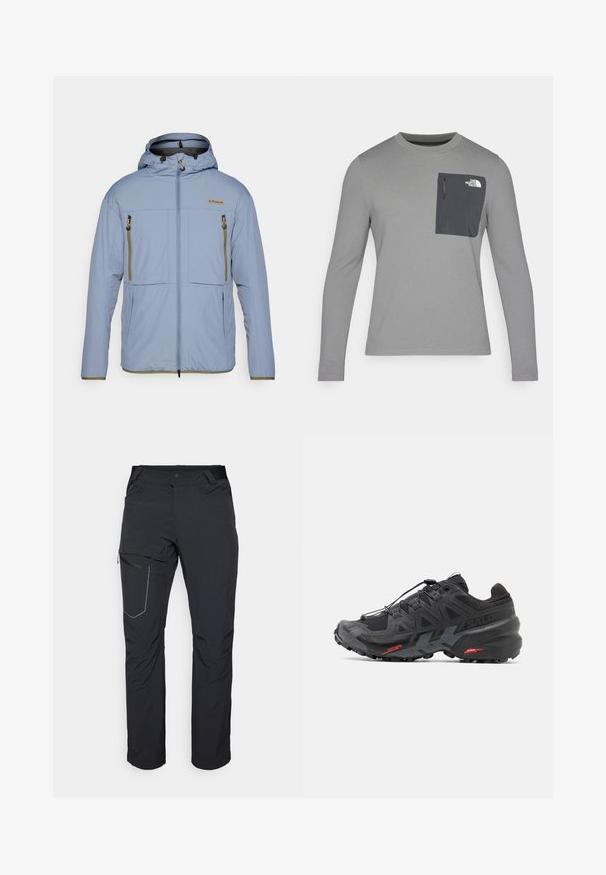 Ljust blå utomhusjacka med en åtsittande huva, dragkedja framtill, två framfickor och gröna detaljer på dragkedjorna och fållen. Texturerad tyg.; Långärmad grå skjorta i texturerad tyg, med en mörkgrå bröstficka och dragkedjestängning. Logotyp på fickan i vitt.; Svarta utomhusbyxor med en zippered lårficka, elastisk midja och ett slätt, vattenavvisande tyg. Ren design utan synliga logotyper.; Svart löparskor med syntetiskt övre, texturerad design och kontrasterande röda accenter. Har ett säkert snörningssystem och en robust sula.