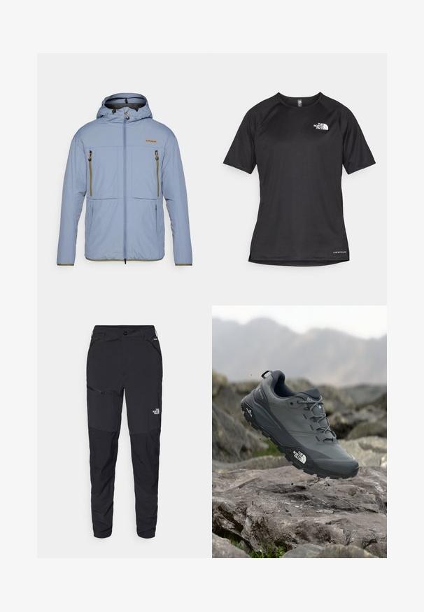 Ljust blå utomhusjacka med en åtsittande huva, dragkedja framtill, två framfickor och gröna detaljer på dragkedjorna och fållen. Texturerad tyg.; Svart kortärmad träningsskjorta i strukturerad tyg, med en vit logotyp på vänster bröst och rak fåll.; Svarta utomhusbyxor med tapered fit, tillverkade av hållbart material. Har fickor med dragkedja och subtil logotyp på framsidan av benet.; Grå trail löparskor med en texturerad ovandel, hållbar gummisula och förstärkt tåparti. Har snören och logotyp på sidan.