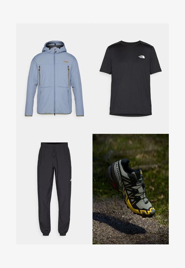 Világoskék kültéri dzseki illeszkedő kapucnival, cipzáras elülső résszel, két elülső zsebbel és zöld részletekkel a cipzárakon és az alján. Texturált anyag.; Fekete, rövid ujjú póló, könnyű anyagból készült. Bal mellen egy kis fehér logó található, és finom vállrész kiemelések.; Fekete sportnadrág, könnyű anyagból készült, húzózsinóros derékkal, oldalsó zsebekkel és szűkített szárakkal a bokáknál.; Salomon terepfutó cipő tompa szürke színben, élénk sárga kiegészítőkkel. Jellemzője a texturált talp, a biztos fűzési rendszer és a párnázott boka rész.