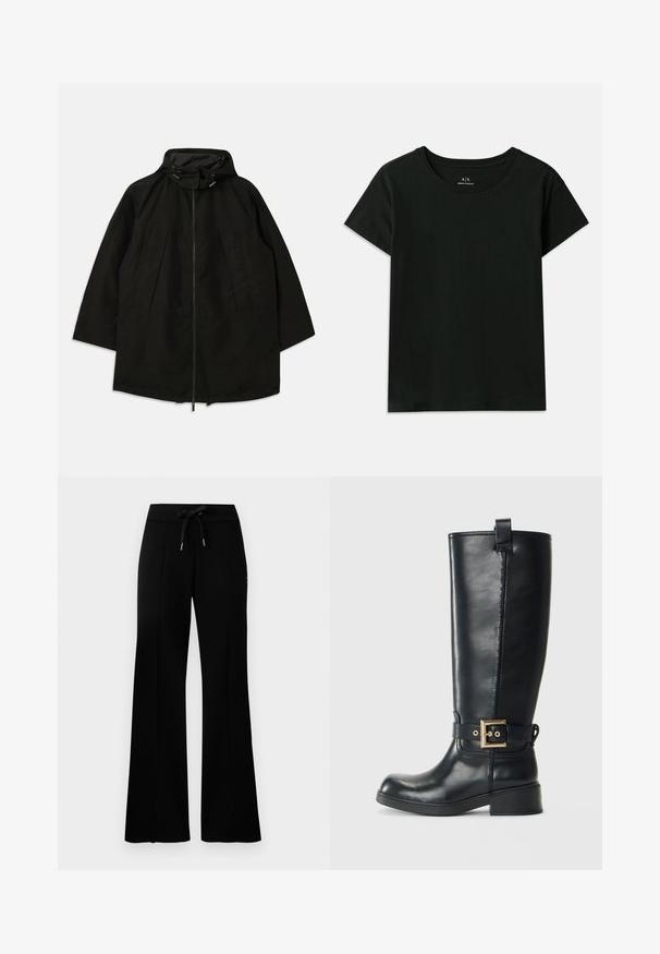 Črna lahka jakna z zadrgo, kapuco s vrvicami in širokim, ohlapnim krojem. Ima gubano sprednje detajliranje in gladko teksturo.; Črna kratka majica s kratkimi rokavi, narejena iz bombaža. Ima okroglo izrez in embosirano besedilo "Armani Exchange" ob rami. Preprost dizajn.; Črne široke trenirke z elastičnim pasom na vrvico, stranskimi razporki, mehkega materiala in elegantnim dizajnom.; Črne usnjene škornje do kolen z nizko blokasto peto, okrasnim zlatim paščkom okoli gležnja in z zanko za pomoč pri obuvanju na vrhu.