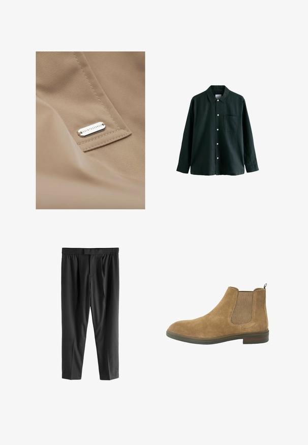 Ombre COSC - Gabardina - beige; Camisa de botón de color verde oscuro con cuello, mangas largas y un bolsillo en el pecho; cuenta con botones blancos y una textura suave.; Next REGULAR FIT -CHECK SMART - Pantalones chinos - black; Botín Chelsea de ante en color marrón con paneles laterales elásticos, puntera redondeada y tira de agarre; suela de goma resistente y acentos de tela texturizada.