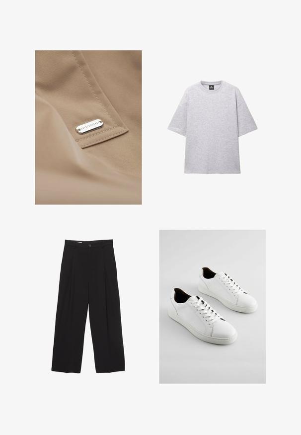 Ombre COSC - Trench - beige; T-shirt grigio a maniche corte realizzato in tessuto morbido; presenta una scollatura rotonda e una vestibilità rilassata con spalle scese. Nessun motivo o dettaglio presente.; Pantaloni neri a gamba larga realizzati in tessuto morbido, con vita piatta, pinces frontali e chiusura con un bottone.; Sneakers bianchi realizzati in pelle liscia, con punta rotonda, chiusura con lacci e design minimalista con dettagli marroni sul tallone.