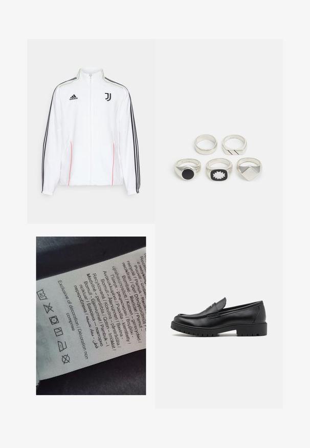 Balta sporta jaka ar melnām svītrām uz piedurknēm, melnu Adidas logo un Juventus emblemu. Rūpīgi izstrādāta ar augstu apkakli un rāvējslēdzēju priekšpusē.; Balts kokvilnas T-krekls ar īsām piedurknēm, apaļu kakla izgriezumu un brīvu piegriezumu. Gluda tekstūra bez redzamām rakstu vai akcentu detaļām.; Etiķete ar daudzvalodu tekstu, aprūpes simboliem un pārstrādes ikonām, drukāta uz mīksta auduma līdzīga materiāla gaišā krāsā.; Melni ādas loafers ar noapaļotu pirkstu, viegli uzvelkami, un biezu gumijas zoli ar teksturētu saķeri. Pacelta papēža un diskrētas šuvju detaļas.; Pieci sudraba gredzeni: viens ar melnu apaļu detaļu, viens ar baltu un melnu ģeometrisku rakstu, un citi ar dažādām formām un apdarēm.