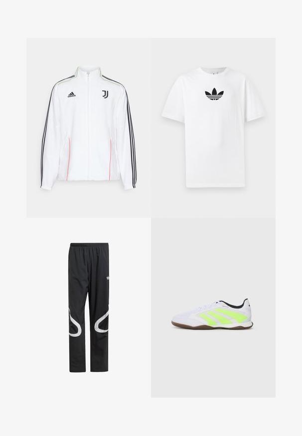 Hvid træningsjakke med sorte striber på ærmerne, sort Adidas-logo og Juventus-emblem. Har høj krave og lynlås foran.; Hvid bomulds T-shirt med et sort Adidas-logo i midten. Korte ærmer og rund halsudskæring. Glat tekstur.; Sorte træningsbukser med elastisk talje, der har store hvide buede detaljer på siderne og et lille logo på den øverste lår.; Hvide indendørs fodboldskem med neongule striber, sort indvendig foring og brun sål, set fra venstre side.