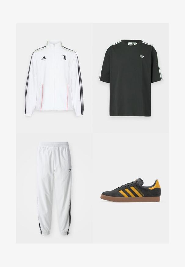 Valkoinen urheilutakki mustilla raidoilla hihoissa, musta Adidas-logo ja Juventus-emoji. Sisältää korkean kauluksen ja vetoketjusulkemisen.; Musta puuvillainen t-paita, jossa on lyhyet hihat, pyöreä pääntie ja valkoiset kolmen raidan yksityiskohdat olkapäillä. Rinnan kohdalla on pieni valkoinen logo.; Valkoiset urheiluhousut, joissa on mustat sivupainatukset, joustava vyötärö ja hihnat; vasemmassa reidessä Adidas-logo. Suora kangastyyppi.; Mustat samettiset tennarit, joissa on keltaisia yksityiskohtia, kolmonen raita ja ruskea kumipohja. Sisältää pehmustetun kielisen mukavuutta varten.