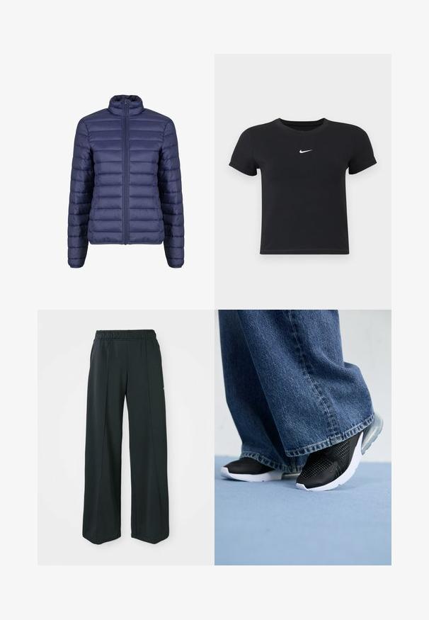 Tengerészkék, steppelt dizájnú puferek, magas gallérral és elől cipzárral. Simaszerkezet, egyenletesen elhelyezkedő vízszintes panelek.; Fekete, rövid ujjú póló, pamutból készült, kerek nyakkivágással. A mellkasán fehér Nike logó található, minimális dizájnnal és testhez simuló formával.; Fekete, bővülő szárú sportnadrág rugalmas derékkal. Simaság és rugalmasság jellemzi, finom elülső varrásokkal és zsebek nélkül.; Fekete sportcipők hálós részletezéssel, fehér talppal és látható légpárnázással, kék farmer széles szárú nadrággal párosítva.