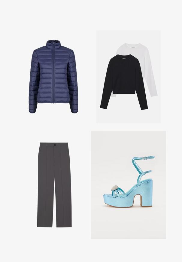 Jachetă umplută de culoare albastru închis, cu guler înalt, design matlasat și închidere cu fermoar pe față. Textură netedă cu panouri orizontale dispuse uniform.; Două cămăși cu mâneci lungi: una neagră și una albă. Ambele au guler rotund, mâneci raglan și sunt realizate dintr-un amestec moale de bumbac.; Pantaloni gri cu un design drept, având două buzunare laterale și închidere cu nasture. Material neted, fără modele sau accente vizibile.; Sandale platformă metalizate albastre cu un tocul gros, având bretele încrucișate și un accent cu bijuterii în zona degetelor.