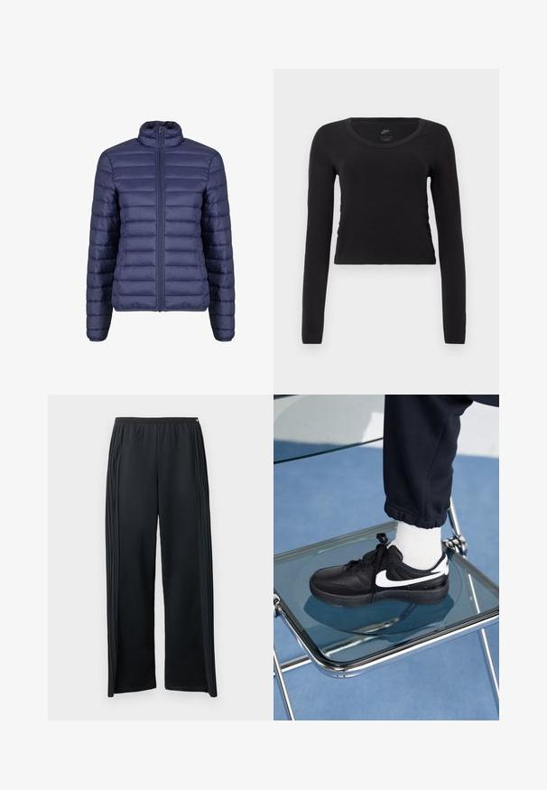 Jachetă umplută de culoare albastru închis, cu guler înalt, design matlasat și închidere cu fermoar pe față. Textură netedă cu panouri orizontale dispuse uniform.; Tricou pe jumătate de mânecă, scurt, din bumbac negru solid. Prezintă un decolteu rotund și un detaliu de strângere pe laterale pentru un aspect ajustat.; Pantaloni atletici negri, realizați dintr-un material moale, cu un design cu picioare largi, talie elastică și pliuri verticale pe părți.; Adidași negri Nike cu accente albe, cu o textură de piele netedă, design cu șireturi și vârf rotunjit, așezați pe un scaun din sticlă.