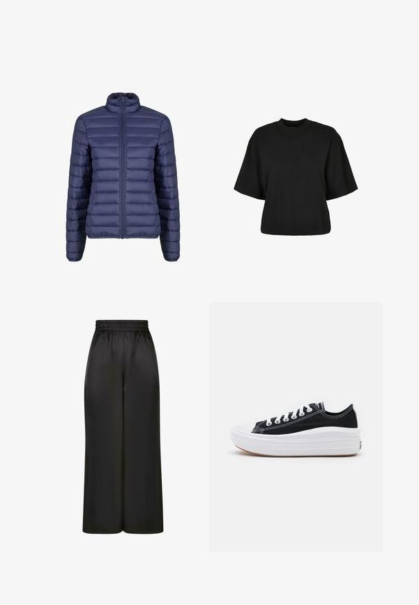 Tumedas sinine puffer-jakk kõrge kaelusega, tikkimisega disain ja eesmine lukukinnitus. Sile tekstuur ühtlaselt jaotatud horisontaalsete paneelidega.; Must terav t-särk, mis on valmistatud puuvillast. Omab lühikesi varrukaid ja ümmargust kaelust. Sile tekstuur ja lihtne disain, ilma täiendavate mustriteta.; Mustad laiad püksid, mis on valmistatud siledast, läikivast kangast, millel on elastne vöökoht ja ilma nähtavate taskute või riistvara detailideta.; Mustad mustad kingad valgete paeltega, valge kummist varbakattega ja paksu valge vaheosaga. Omab diskreetset valget õmblust ja kummi talla.