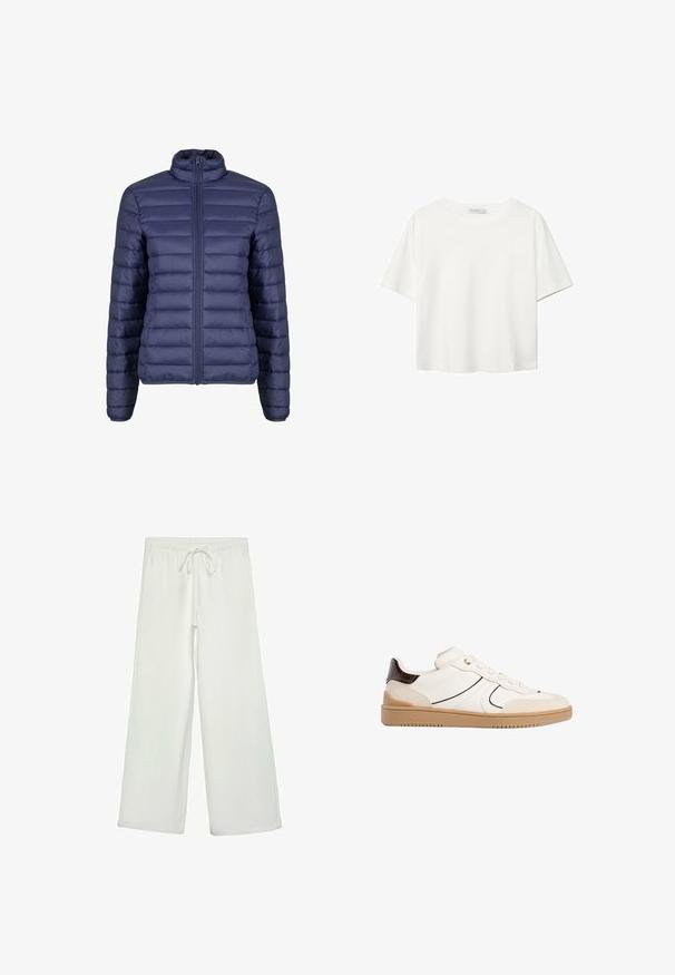 Tamno plavi pufasti kaput s visokim ovratnikom, kvadratnim dizajnom i prednjim zatvaračem na zip. Glatka tekstura s ravnomjerno raspoređenim horizontalnim panelima.; Bijela majica kratkih rukava od pamuka. Ima okrugli izrez i opušteni kroj. Glatka tekstura bez vidljivih uzoraka ili naglasaka.; Bijele hlače širokog kroja od mekog materijala. Imaju elastični pojas s vezicom i glatku teksturu. Nema vidljivih uzoraka ili metalnih dijelova.; Stradivarius Tenisice - white