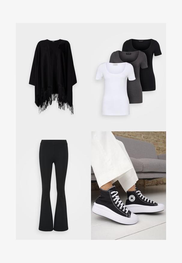 Black poncho made of soft material, featuring a loose design with open front, wide sleeves, and fringed edges at the bottom.; Three fitted T-shirts in white, gray, and black. Each features a wide scoop neckline and short sleeves. Made from smooth, stretchy fabric.; Black flared pants made of stretchy fabric, featuring a high waistband and a smooth texture. The pants flare out from the knee.; Black high-top sneakers with white rubber soles and laces. Features a round logo patch and contrasting white stitching. Canvas material.