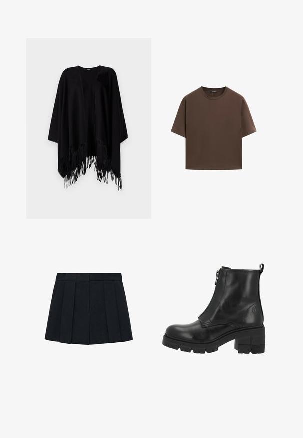 Zwarte poncho van zacht materiaal, met een losse pasvorm, open voorkant, brede mouwen en franjes aan de onderkant.; Bruine katoenen t-shirt, korte mouwen, ronde hals, relaxte pasvorm, gladde textuur, minimalistisch ontwerp, geen zichtbare patronen of accenten.; Zwarte geplooide rok van een stof met een gladde textuur. Beschikt over een gestructureerde tailleband en meerdere verticale plooien voor definitie.; Zwarte leren enkellaars met een zijrits, dikke zool en blokhak. Heeft subtiele stiksels en een logo aan de buitenzijde.