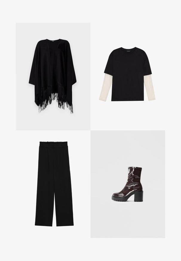Svart poncho i mjukt material, med en lös design, öppen fram, vida ärmar och fransade kanter nertill.; Svart t-shirt i bomull, med korta ärmar över ett vitt långärmat lager med en subtil texturdesign. Rundad halsringning.; Svarta vida byxor med en volang vid midjan, med två sidofickor och ett slätt, lätt tyg. Inga synliga mönster eller detaljer.; Glansig bordeauxfärgad ankelsko med en kraftig svart klack, som har en slät yta och enkel design. Inga synliga stängningar eller mönster.