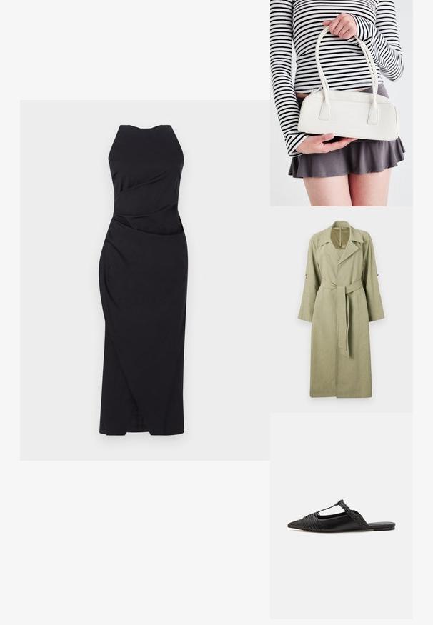 Pikad, helekrohelised trenškokid, mis on valmistatud kudumiskangast. Omab kraed, laiu varrukaid, vööd ja nööbile rõhuvaid aktsente varrukatel.; Marella ELEGIA - Kokteilikleit/peokleit - nero; Must kuulsad nahast kandadega kingad, millel on terav nina, koos kootud detaili ja volditud ülaosaga. Lame tald minimaalse riistvaraga.; Valge krokodillimustrihuga kott kahe käepideme ja ristküliku kuju ning lukuga. Esitatud heledal taustal.