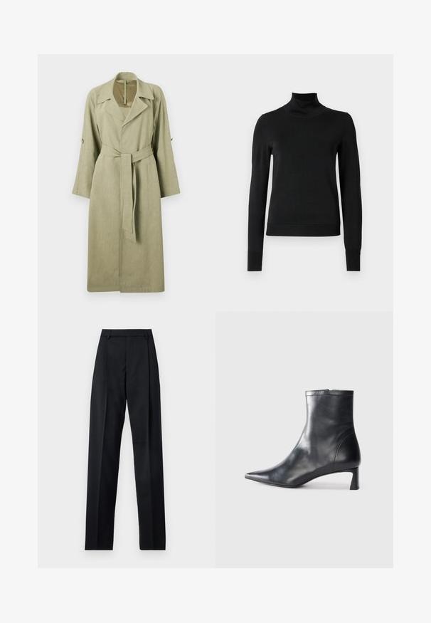 Μακρύ, ανοιχτό πράσινο παλτό από υφαντό ύφασμα. Διαθέτει γιακά, φαρδιές μανίκες, ζώνη και κουμπιά διακόσμησης στα μανίκια.; Μαύρο μακρυμάνικο πουλόβερ με ψηλή λαιμόκοψη και ριγωτές μανσέτες και τελείωμα, το οποίο είναι παρουσιασμένο σε απλή λευκή φόντο.; Μαύρο παντελόνι φτιαγμένο από λείο ύφασμα με ψηλή μέση, φαρδιές γάμπες, πλάγιες πιέτες και κλασσικές θηλιές ζώνης. Δεν υπάρχουν ορατές πλαϊνές τσέπες.; Μαύρη δερμάτινη μπότες αστραγάλου με μυτερή μύτη και κομψό σχέδιο. Διαθέτει χαμηλό τακούνι και φερμουάρ στο πίσω μέρος. Λείο υφή.