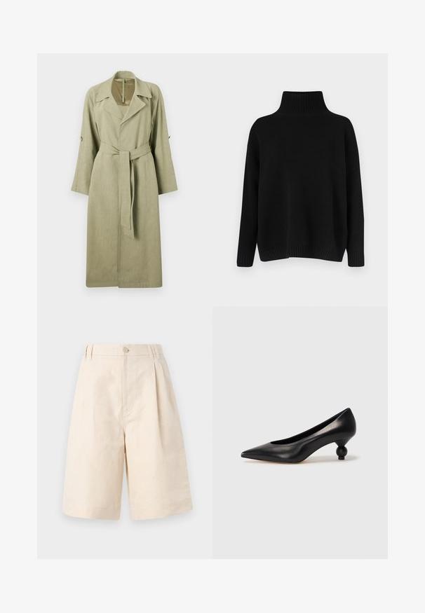 Dlouhý, světlazelený trenčkot vyrobený z tkané látky. Má límec, široké rukávy, pásek a knoflíkové detaily na rukávech.; Černý pletený svetr s vysokým žebrovaným límcem, spadlými rameny a volnějším střihem. Má žebrované manžety a lem pro texturu.; Béžové lněné šortky s uvolněným střihem, opatřené zapínáním na knoflíky, plisovaným designem a délka ke kolenům. Hladká textura a jednoduchý styl.; Černá kožená vysoká bota na podpatku s špičatou špičkou a kulatým, zaobleným podpatkem. Hladká textura s elegantním, minimalistickým designem.
