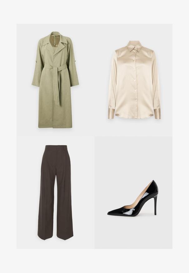 Duga, svijetlozelena trenirka od tkanine. Ima ovratnik, široke rukave, pojas i gumbe kao detalje na rukavima.; Bež satenasta košulja s oštrim ovratnikom, dugim rukavima, kopčanjem na gumbi i manžetama blago sjajnijeg završetka. Bez uzoraka ili naglasaka.; Tamno smeđi hlače širokih nogavica s visokim strukom, s uredno peglanim naborima, glatkom teksturom i krojem koji dobro pristaje.; Crne lakirane kožne štikle s dizajnom ušiljenog nosa i elegantnom siluetom. Imaju glatku, sjajnu završnu obradu i vitak stiletto potplat.