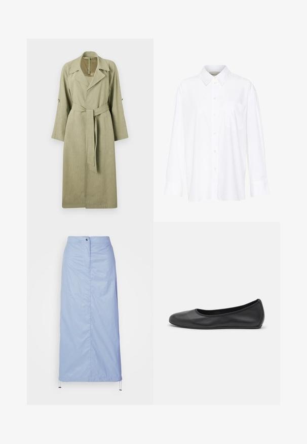 Garšīgs, gaiši zaļš mētelis, kas izgatavots no austo auduma. Tam ir apkakle, plata piedurkne, josta un pogu akcenti piedurkņu apakšā.; Baltais garo piedurkņu krekls ar apkakli, izgatavots no kokvilnas. Aprīkots ar pogu aizdari priekšā un vienu krūšu kabatu. Gluda tekstūra, brīvs piegriezums.; Gaiši zila, vidēja garuma svārki, izgatavoti no gluda, viegla materiāla ar taisnu piegriezumu, ar priekšējo pogu aizdari un auklu apakšmalā.; Melna ādas baleta kurpe ar noapaļotu purngalu, gludu tekstūru, minimālu šuvju detalizāciju un elastīgu zoles dizainu.