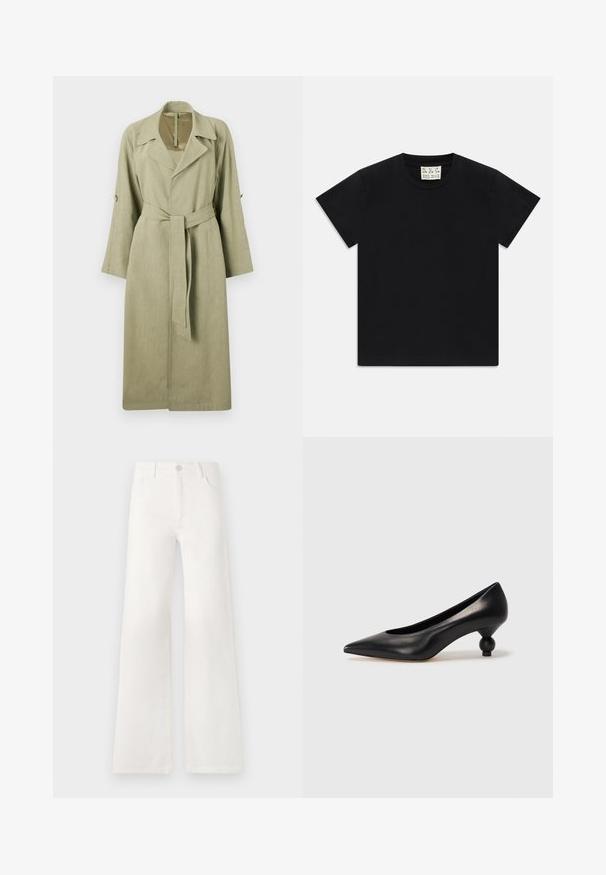 Lång, ljusgrön trenchcoat tillverkad av vävt tyg. Har krage, breda ärmar, ett bälte och knappar som accent på ärmarna.; Svart t-shirt med kort ärm och rund halsringning, med en vit etikett i kragen som säger "D.R.C. EST. 2002", på vit bakgrund.; Vita, högmidjade jeans med vida ben i denim. Har en knappstängning, två framfickor och sidsömmar med stickningsdetaljer.; Svart läderhögklackad sko med spetsig tå och rund, bollformad klack. Slät yta med en elegant, minimalistisk design.