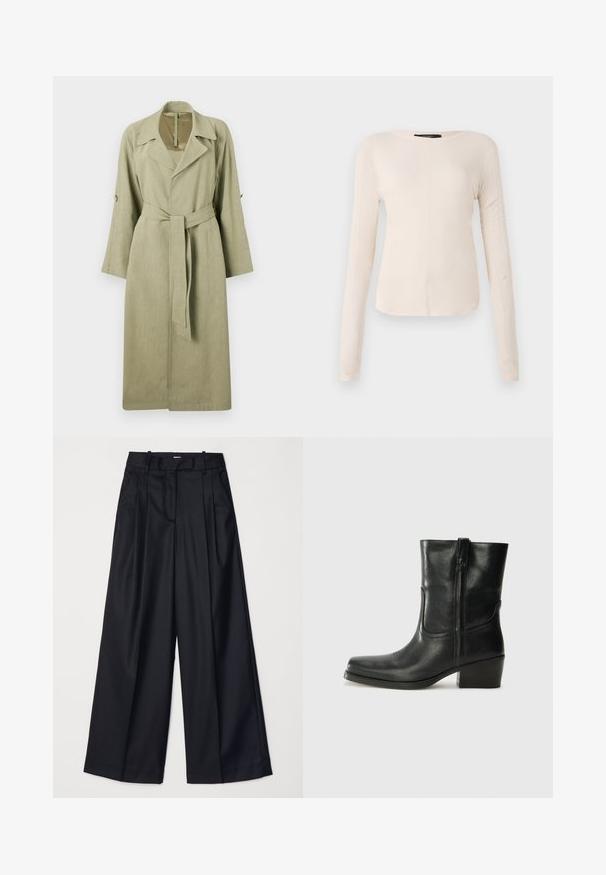 Trench coat lung de culoare verde deschis, realizat dintr-un material textil țesut. Are un guler, mâneci largi, un centură și detalii cu nasturi pe mâneci.; Top cu mânecă lungă, de culoare bej deschis, cu decolteu rotund. Realizat dintr-un material moale, prezintă o cusătură centrală și un tiv ușor curbat. Fără elemente de prindere vizibile.; Pantaloni negri cu picioare late, confecționați dintr-un material neted, având talie înaltă, plii și un design croitorie. Accesorii simple negre la talie.; Botine din piele neagră, cu vârf rotund, toc pătrat, fermoar pe lateral și accente de cusături pe partea superioară. Textură netedă, design clasic.