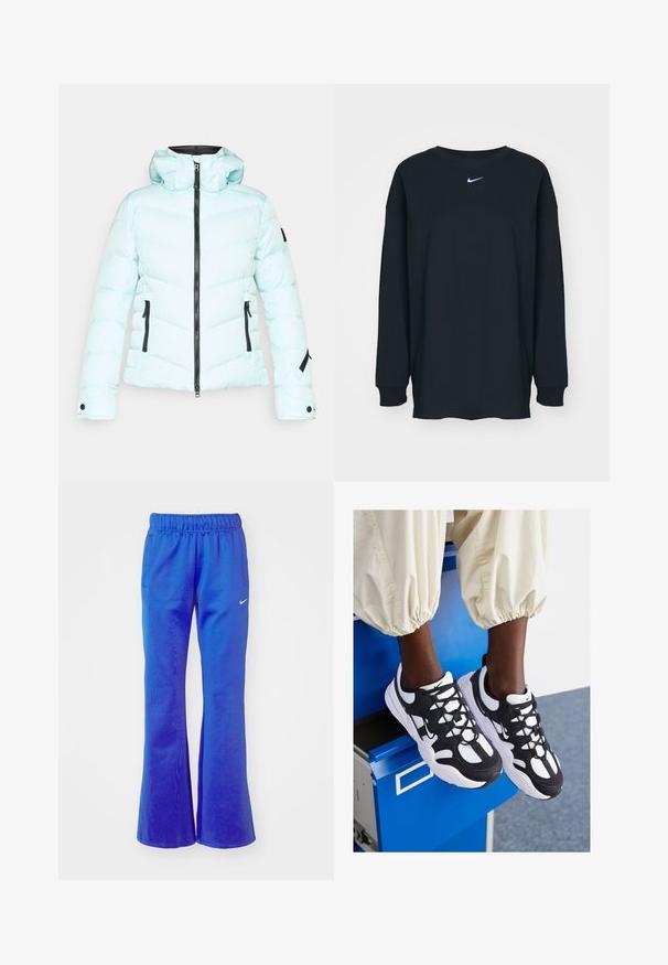 Jasnoniebieska kurtka puchowa z kapturem, z zamkiem błyskawicznym z przodu, dwoma bocznymi kieszeniami na zamek oraz czarnymi akcentami na zamkach i mankietach.; Czarna, długosleeve'owa koszulka z bawełny z okrągłym dekoltem. Posiada białe logo Nike na piersi. Miękka faktura, prosty design.; Sportowe spodnie dzwony w jasnym niebieskim kolorze, z elastycznym pasem, dwoma bocznymi kieszeniami i małym białym logo z przodu.; Czarno-białe buty sportowe z siateczki i zamszu, okrągłym czubkiem, masywną podeszwą oraz charakterystycznym sznurowaniem i akcentami logo Nike.