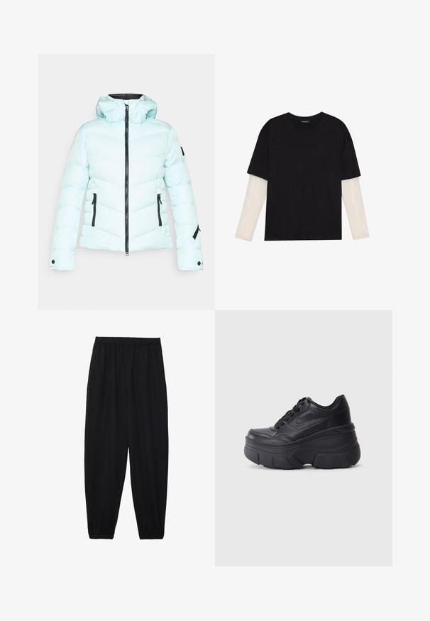 Giacca a vento imbottita di colore azzurro chiaro con cappuccio, dotata di cerniera frontale, due tasche laterali con zip e dettagli neri sulle zip e sui polsini.; T-shirt nera in cotone con maniche corte sopra un sotto manica lunga bianca, caratterizzata da una sottile texture. Design con scollo rotondo.; Pantaloni neri leggeri con vita elastica e caviglie arricciate. Il tessuto è liscio e presenta un design rilassato e affusolato.; Sneaker nere con lacci e suola spessa, caratterizzate da una tomaia in pelle liscia, punta arrotondata e un distintivo design a piattaforma stratificata.