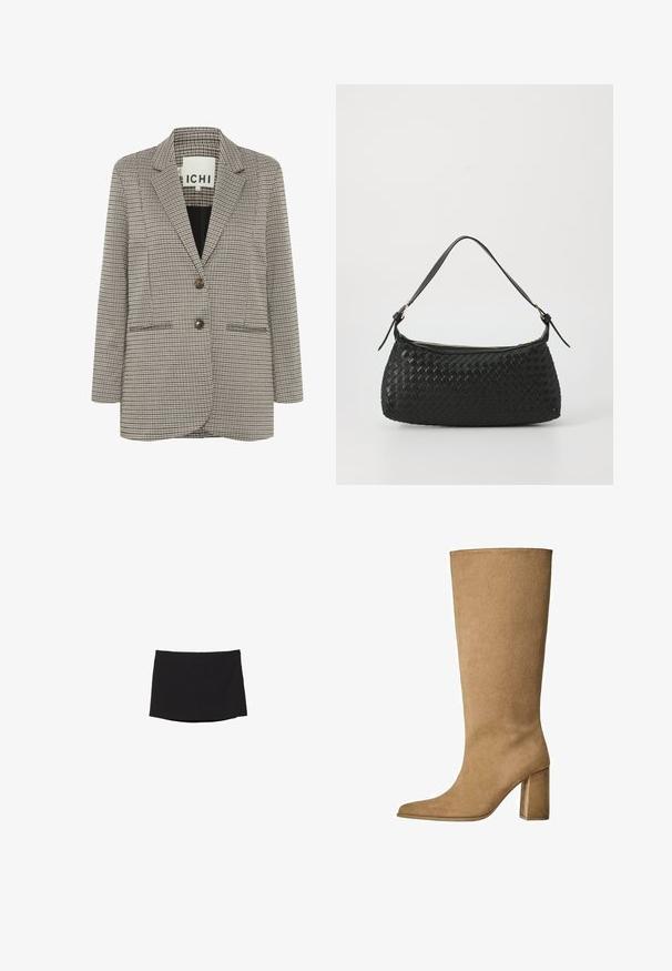 Kratkowana marynarka w beżowo-czarnym kolorze. Strukturalny fason z klapami, dwiema przednimi kieszeniami i dwoma brązowymi guzikami z przodu.; Czarna bluzka z długim rękawem o fakturowanym, siateczkowym wzorze, z szerokim dekoltem okrągłym i zapięciem na wiązanie z tyłu.; Czarna mini spódnica wykonana z gładkiego, elastycznego materiału; ma prosty krój z subtelnym dołem i bez widocznych zapięć czy wzorów.; Karmowe zamszowe botki do kolan na słupku, z ostrym noskiem i gładką fakturą. Minimalistyczny design bez ozdób.; Czarna, pleciona torba na ramię z gładkim skórzanym paskiem i zapięciem na zamek. Charakteryzuje się teksturowaną powierzchnią i zakrzywionym kształtem.